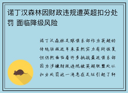 诺丁汉森林因财政违规遭英超扣分处罚 面临降级风险